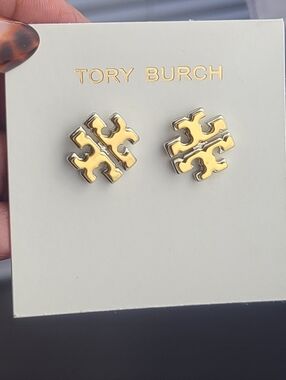 Tory Burch Extra Logo Stud Earring ~ Two Toned Gold & Silver